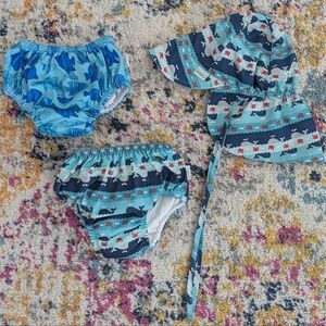 Green Sprouts Baby Sun Hat and Swim Diapers Lot, 9-18 Months, Whales, Gray, Blue